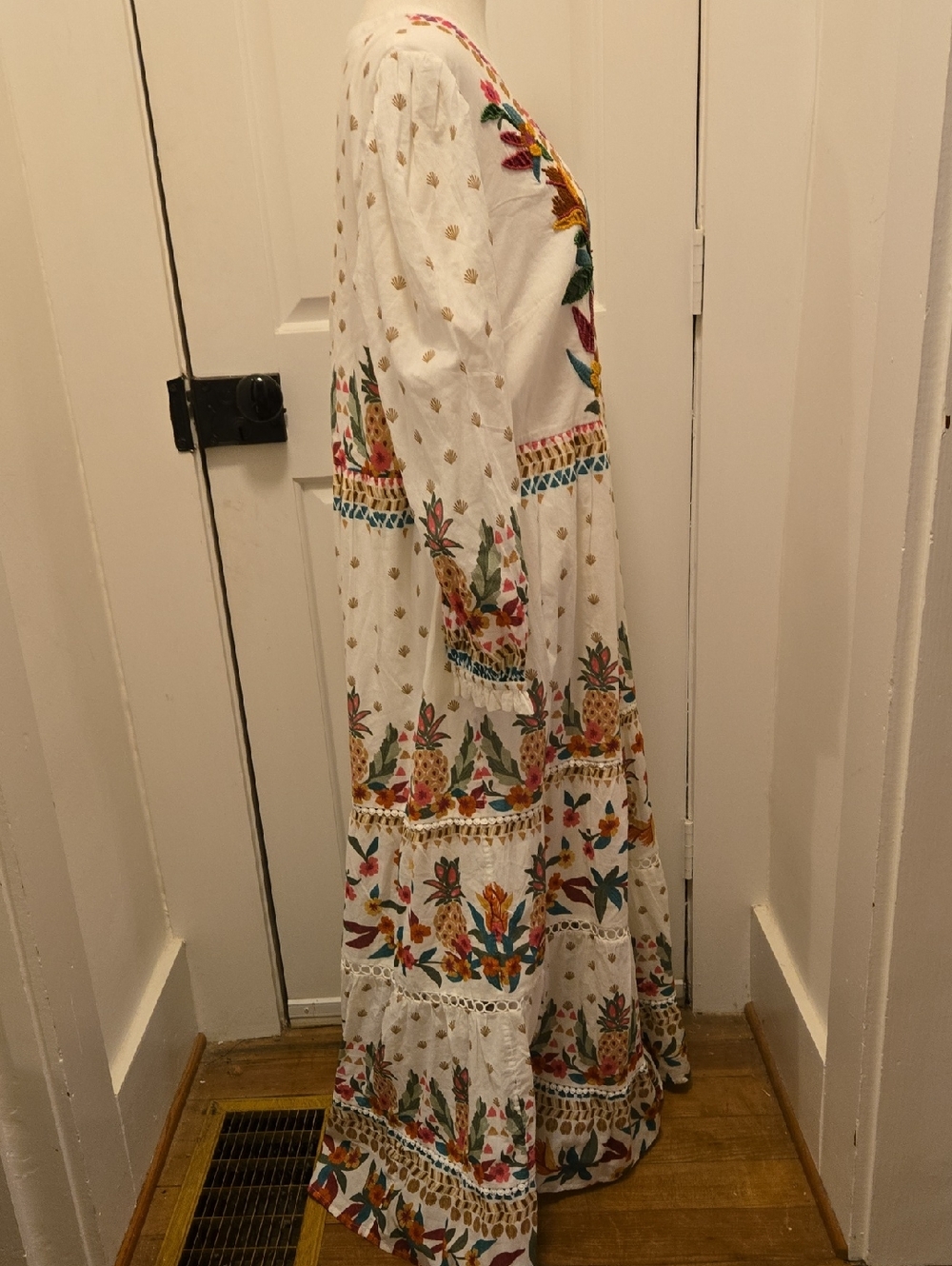 Chico's White Maxi Lined Cotton Dress with Multicolor Floral Embroidery - Picture 6 of 11